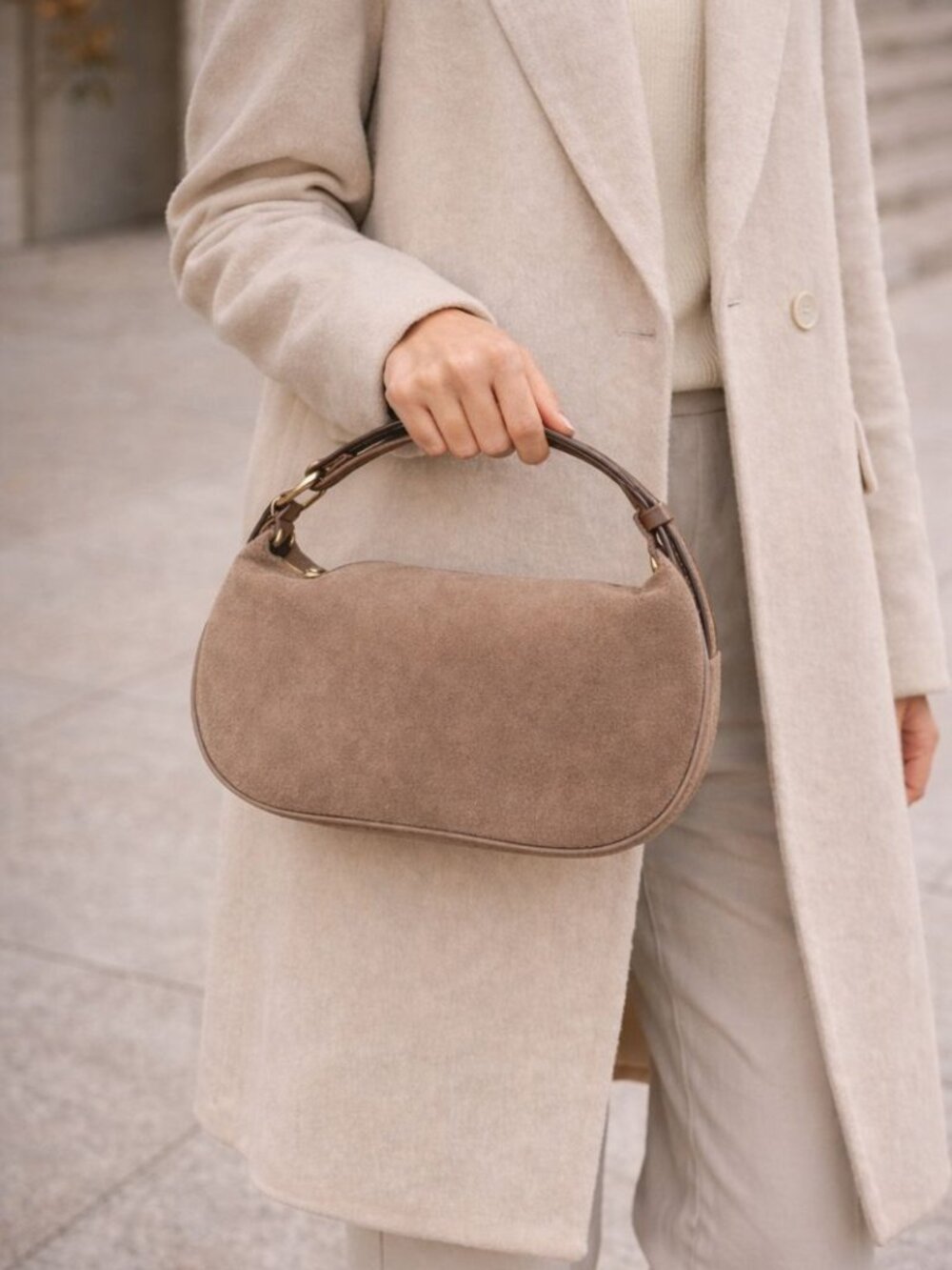 Taupe Suede Leather Crossbody Bag, Adjustable Strap, Minimalist Handbag